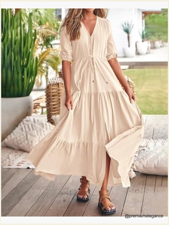 Short Sleeve V-Neck Maxi Dress with Drawstring Waist, Boho Style - Picture 3 of 7